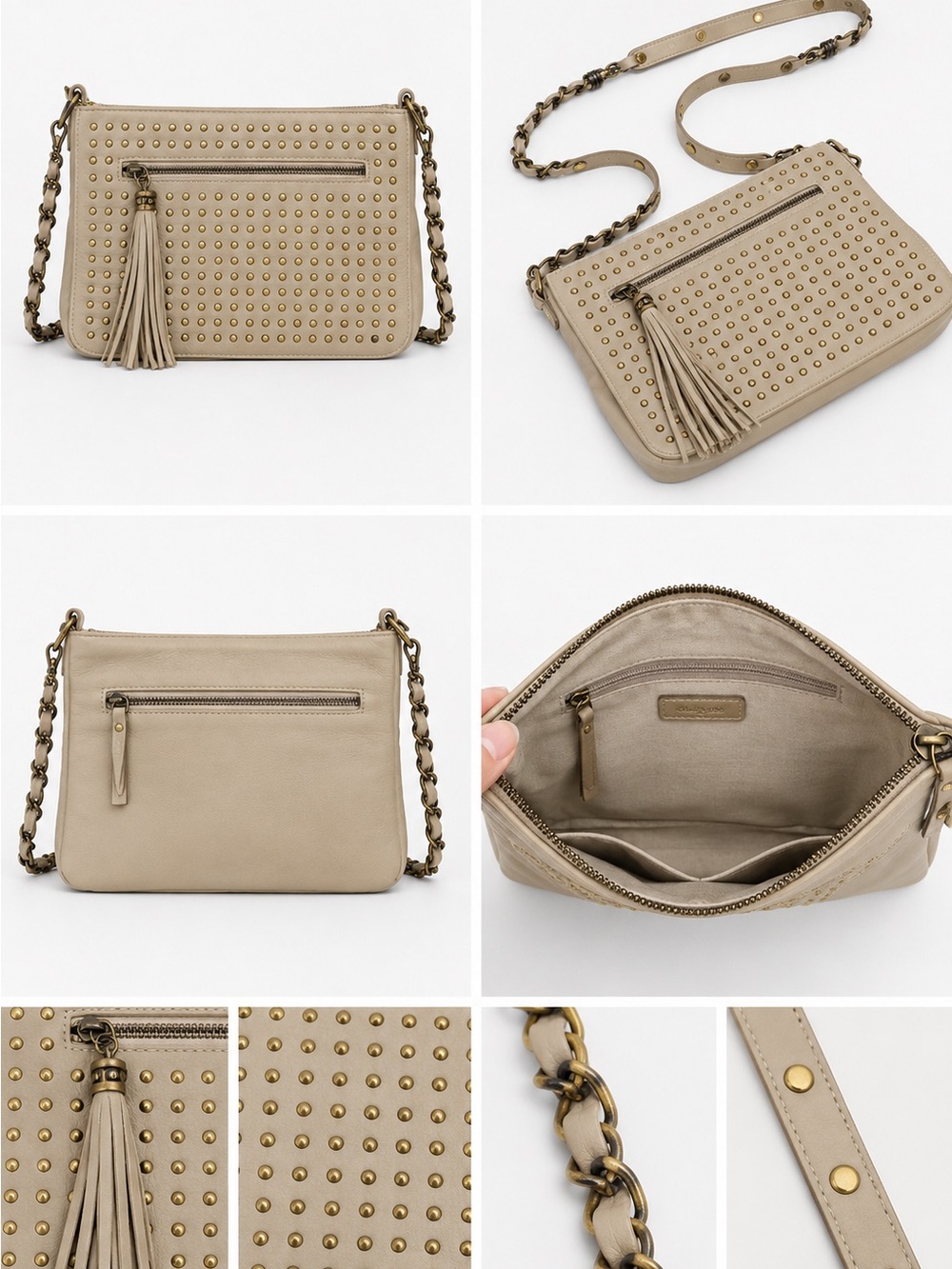 Taupe Studded Tassel Crossbody Bag with Chain Strap